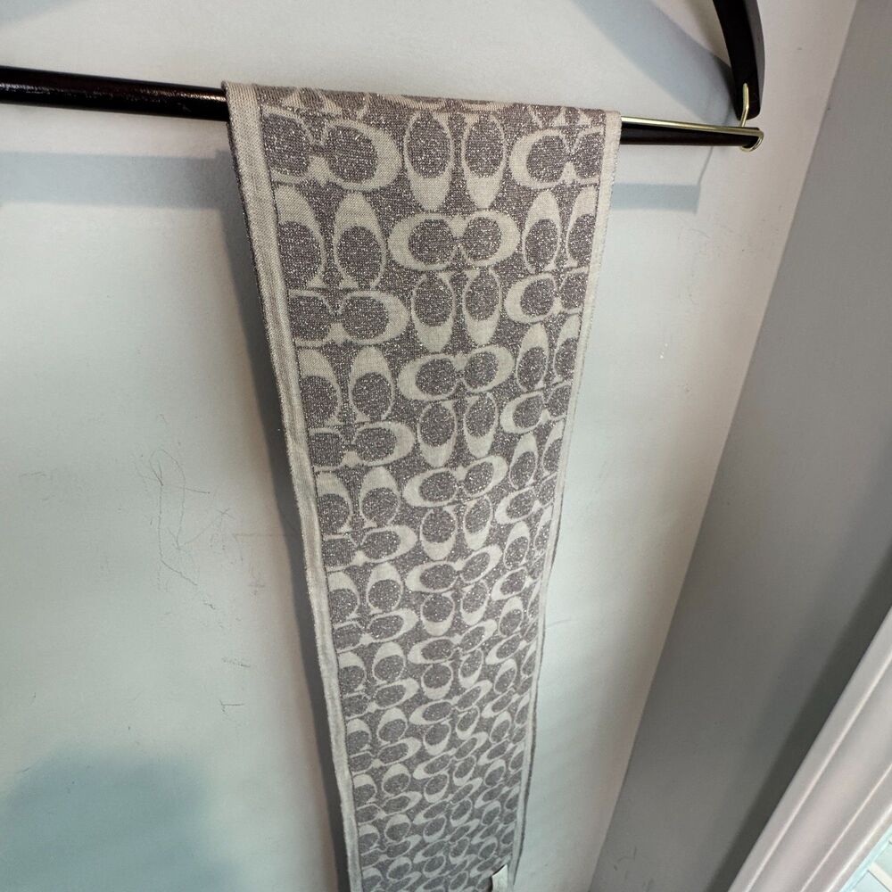 Authentic Coach Logo Silver Gray Scarf 58 in. Long Designer Fashion Accessory